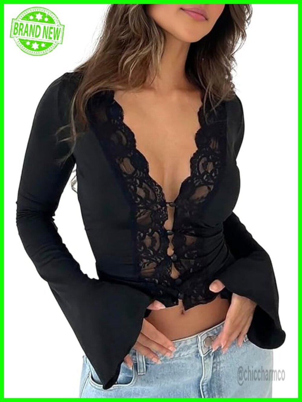 Sexy Lace Trim Button Down Cropped Shirt Deep V Neck Long Sleeve Blouse Club
